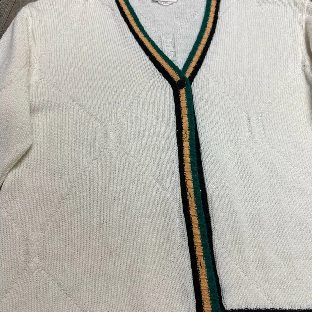 Vtg Arnold Palmer White Cardigan Sweater with Striped Trim - Picture 4 of 8